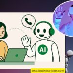 Illustration of a small business woman interacting with an AI phone agent, featuring green and red design elements, alongside futuristic AI visuals representing AI-powered customer service for small businesses.