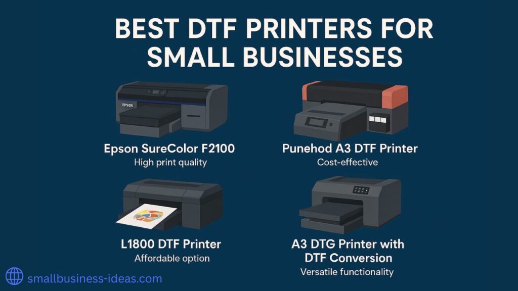 Best DTF Printers for Small Business - Infographic showing top printer options like Epson F2100, Punehod A3, and L1800 with icons representing quality, speed, and affordability