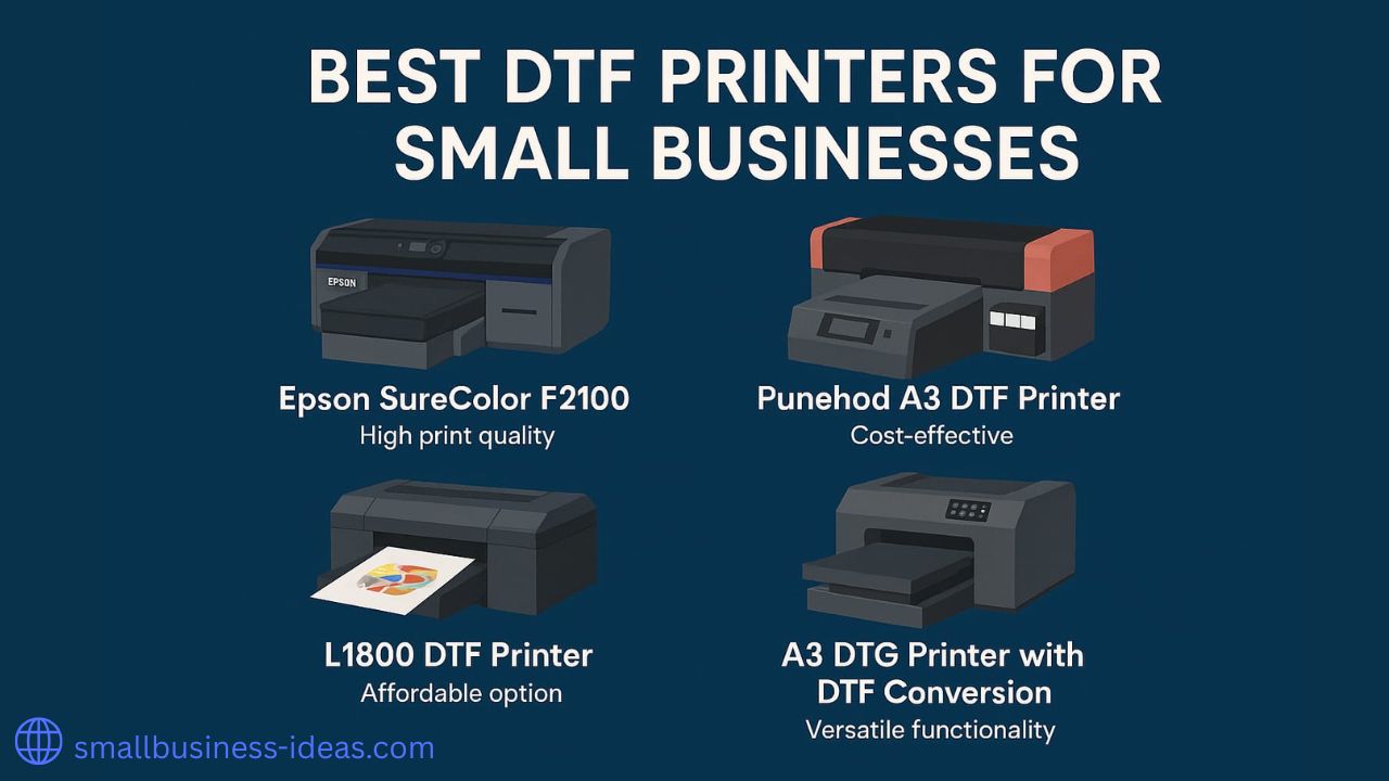 Best DTF Printers for Small Business - Infographic showing top printer options like Epson F2100, Punehod A3, and L1800 with icons representing quality, speed, and affordability
