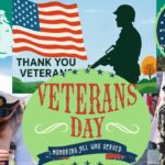 Realistic 2D digital illustration showing a silhouette of a saluting soldier against a warm sunset background with an American flag and a bold 'Thank You Veterans' message. Infographic-style layout includes patriotic colors and symbolic icons to honor Veterans Day.