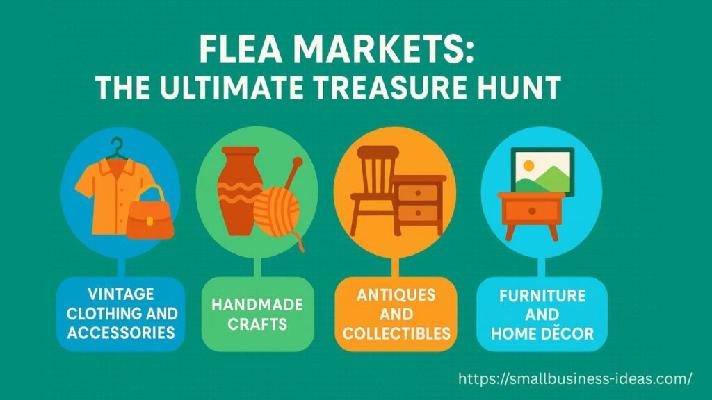 Colorful flat-style infographic titled 'Flea Market Best Sellers' featuring icons and text for popular flea market items like vintage clothing, handmade crafts, antiques, local products, and home décor