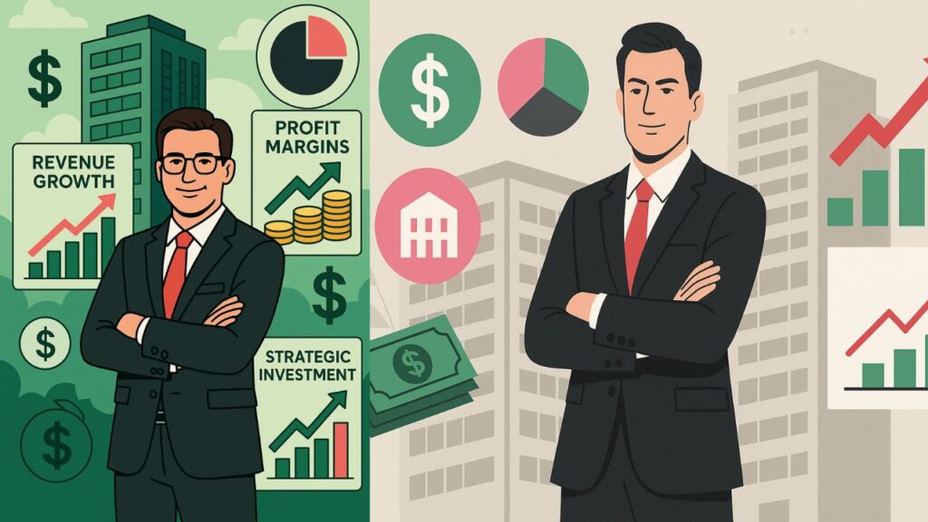 Creative infographic-style image featuring a company building, a business owner holding a briefcase, financial icons such as stacks of coins and bar graphs
