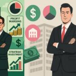 Creative infographic-style image featuring a company building, a business owner holding a briefcase, financial icons such as stacks of coins and bar graphs