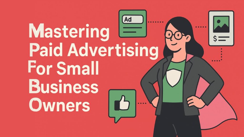 A digital infographic slide designed in 1280x720 resolution featuring a casual guide for small business owners on paid advertising.